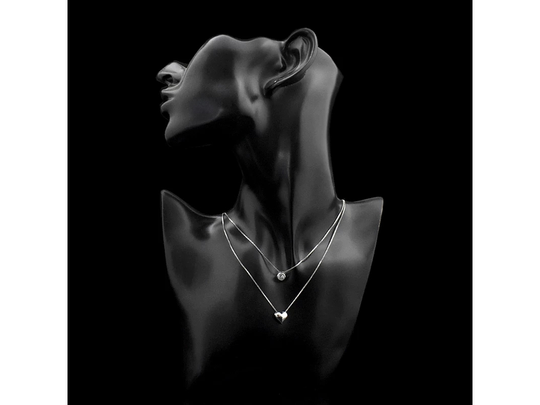 Collar Doble Plateado Corazon Circon 4