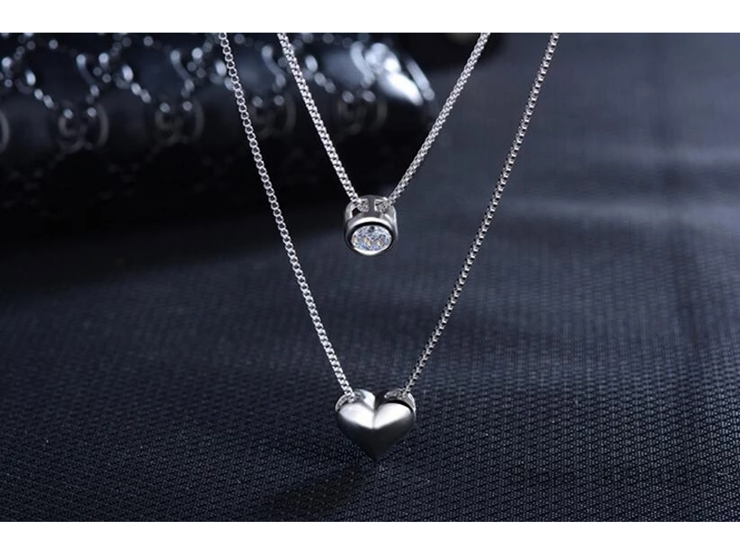 Collar Doble Plateado Corazon Circon 5