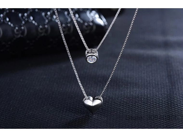 Collar Doble Plateado Corazon Circon 5