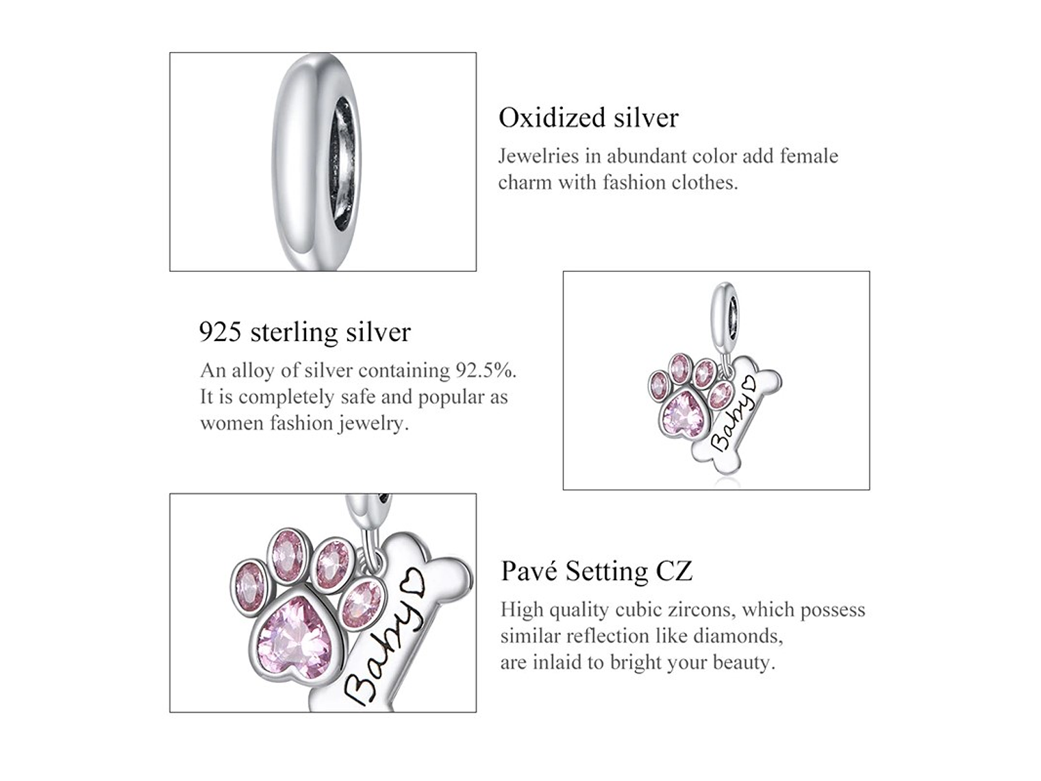 Charm Dije Plata 925 Hueso Patita Rosada 2