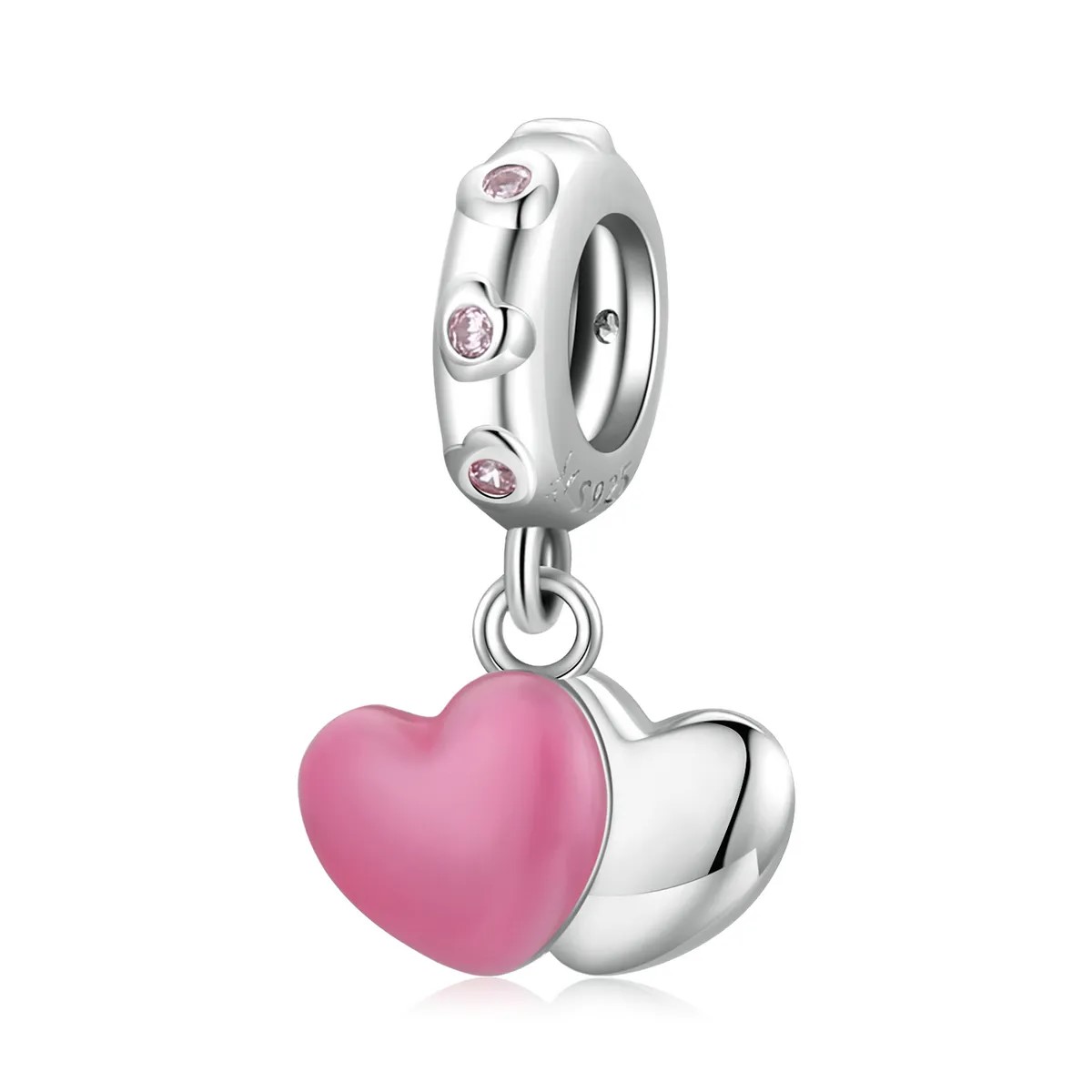 Charm Dije Plata 925 Doble Corazon Rosa Silver