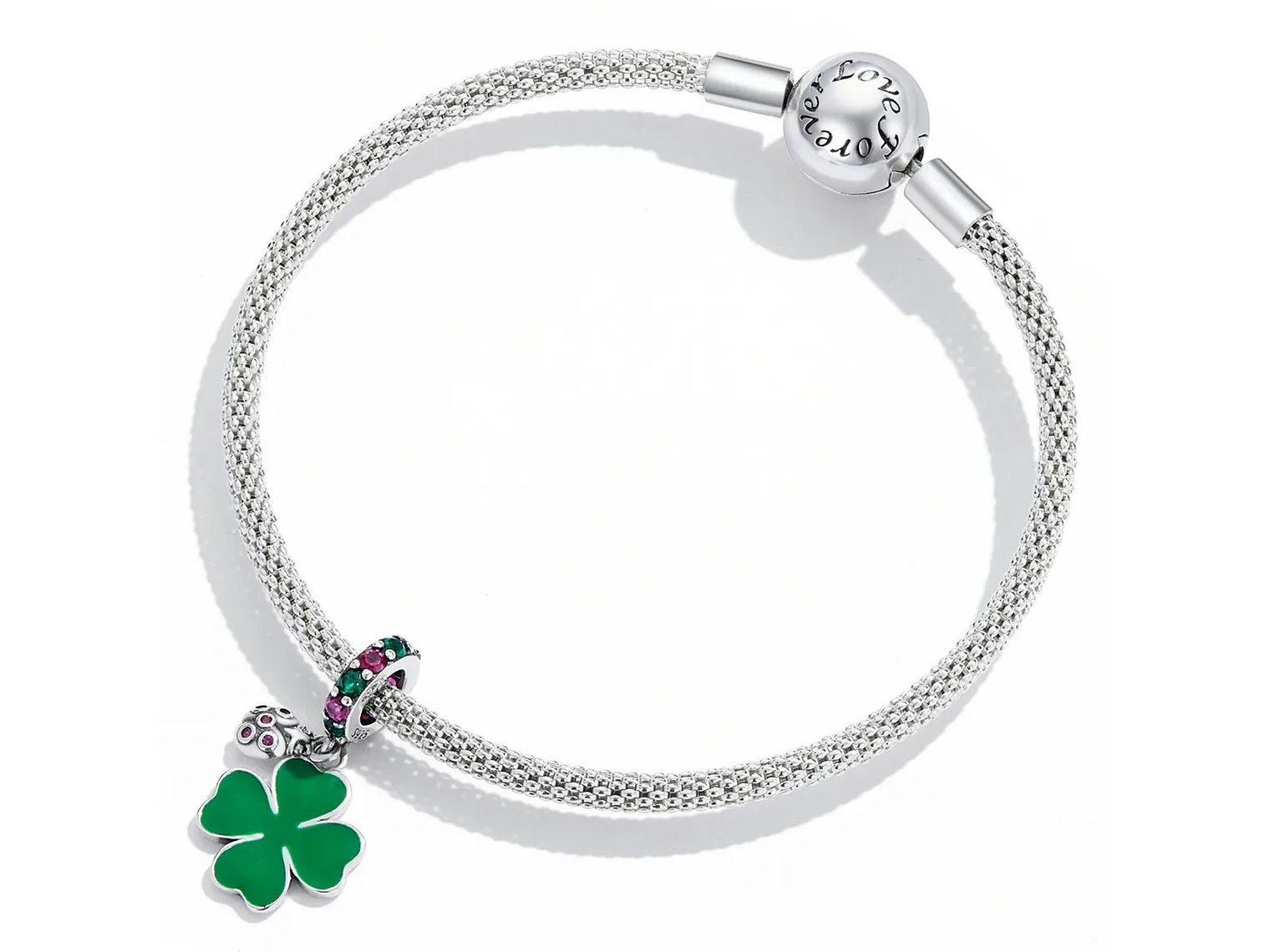 Charm Dije Plata 925 Trebol Verde Mariquita 3