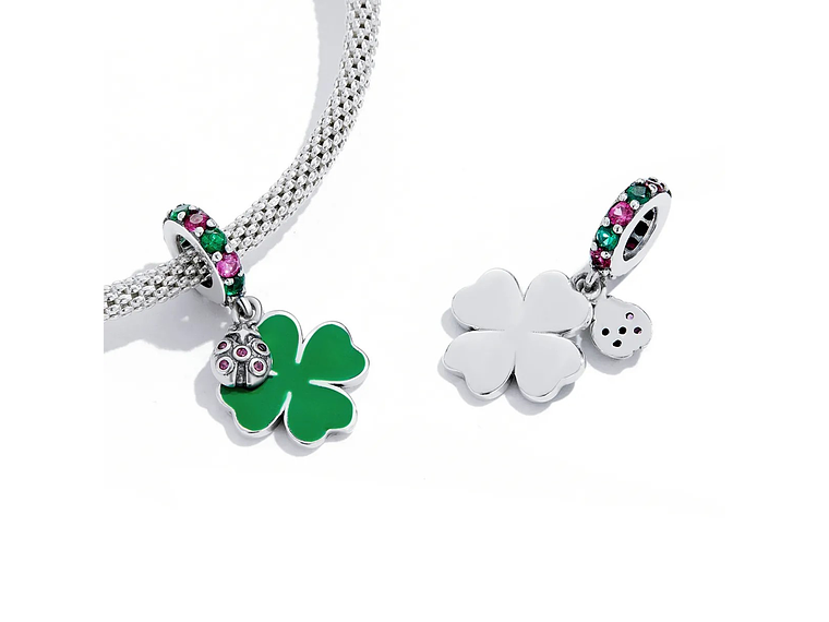 Charm Dije Plata 925 Trebol Verde Mariquita 4