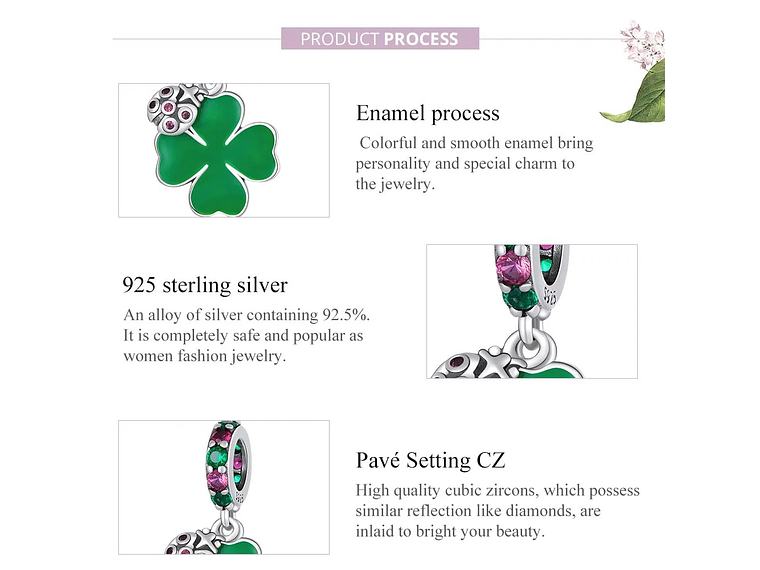 Charm Dije Plata 925 Trebol Verde Mariquita 5