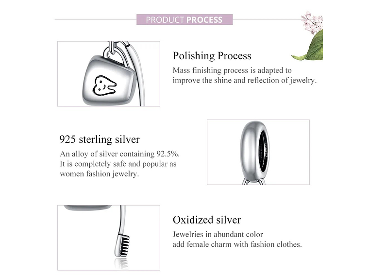 Charm Dije Plata 925 Cepillo Dientes y Taza  5