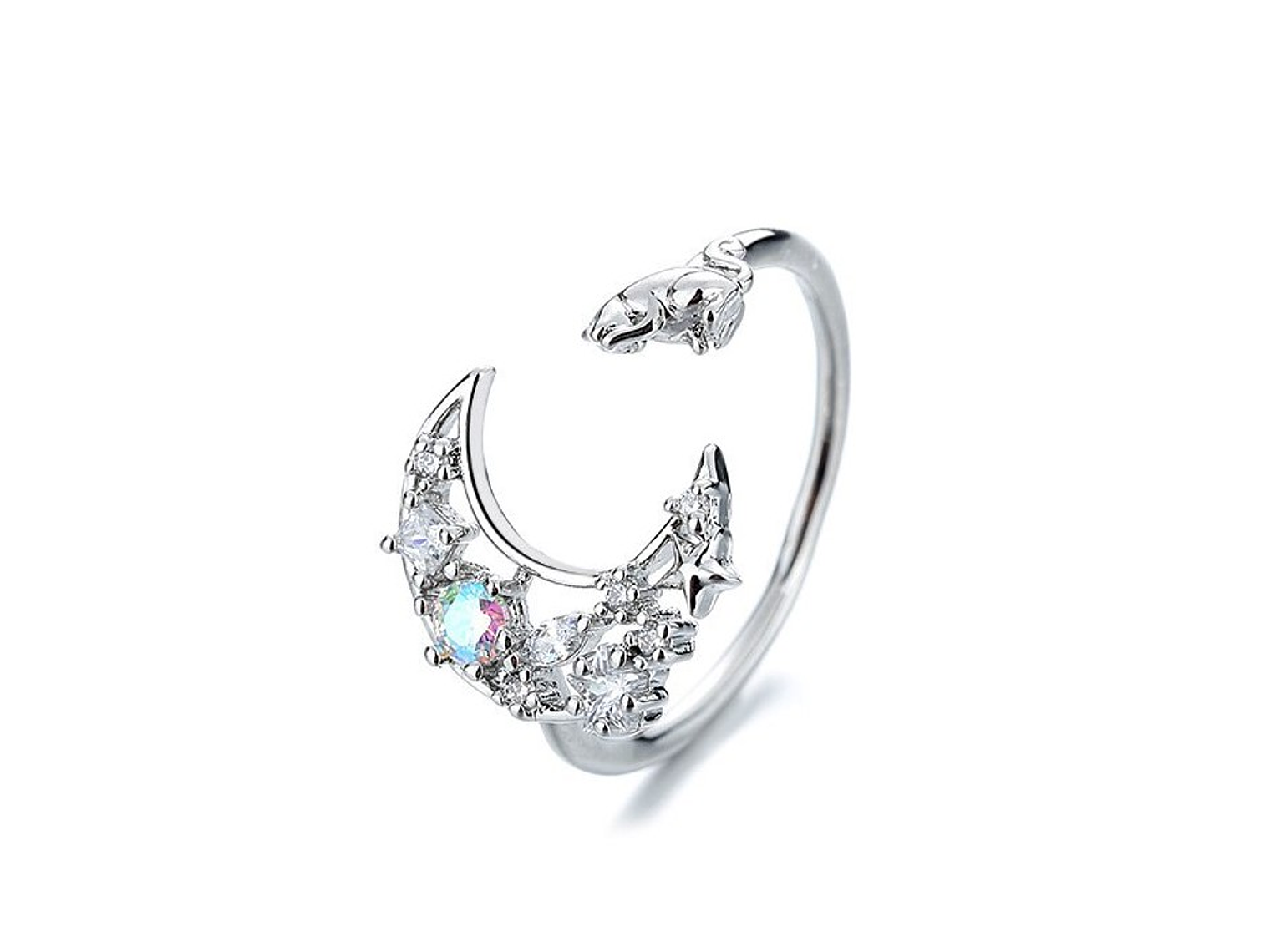 Anillo Forma de Luna y Gato Plateado 1
