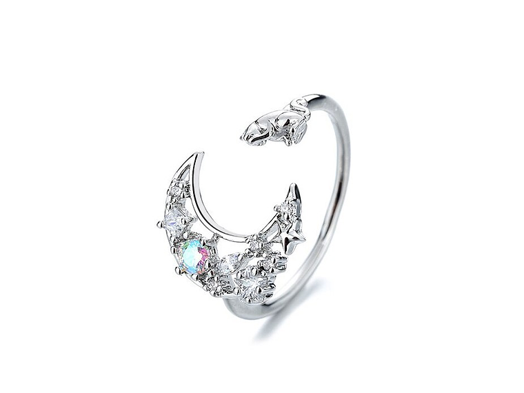 Anillo Forma de Luna y Gato Plateado 1