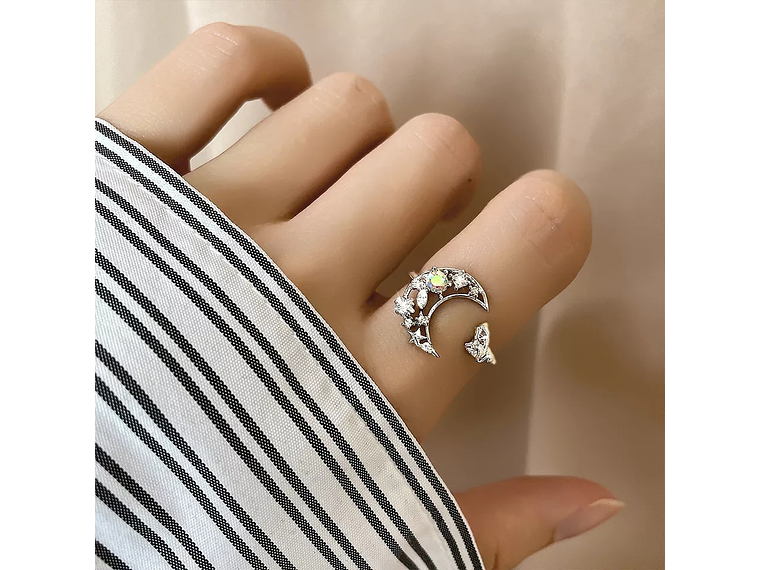 Anillo Forma de Luna y Gato Plateado 2