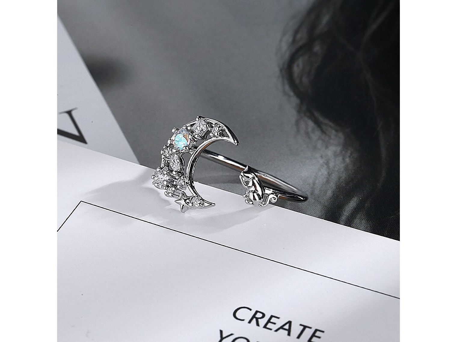 Anillo Forma de Luna y Gato Plateado 5