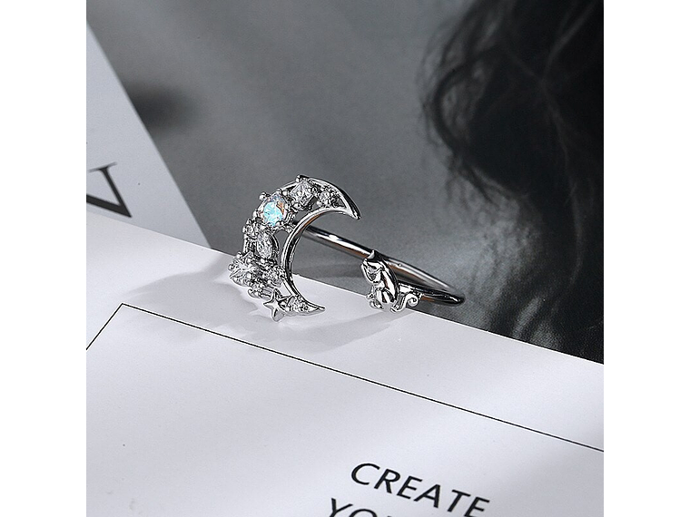 Anillo Forma de Luna y Gato Plateado 5