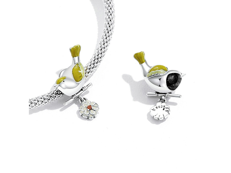 Charm Dije Plata 925 Pajaro Ave Amarillo en Flor 2