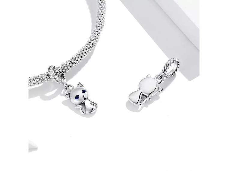 Charm Dije Plata 925 Gatito Ojos Azules  2