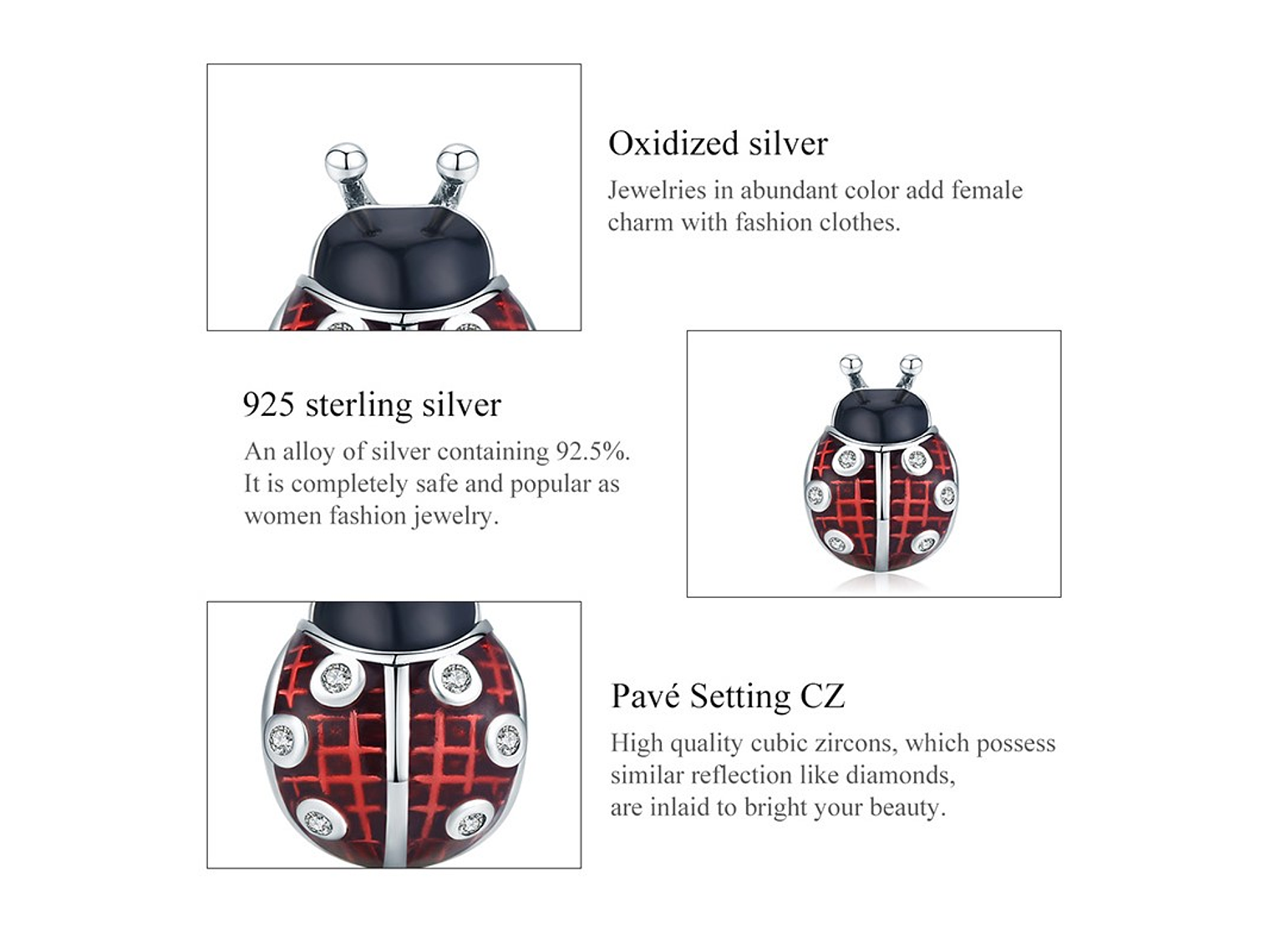 Charm Dije Plata 925 Mariquita Roja con Negro 5