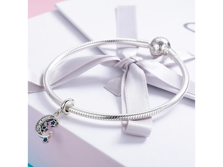 Charm Dije Plata 925 Luna y Estrellas Azul 2