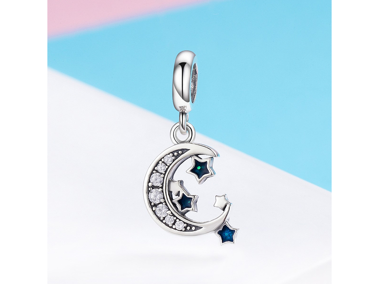 Charm Dije Plata 925 Luna y Estrellas Azul 4