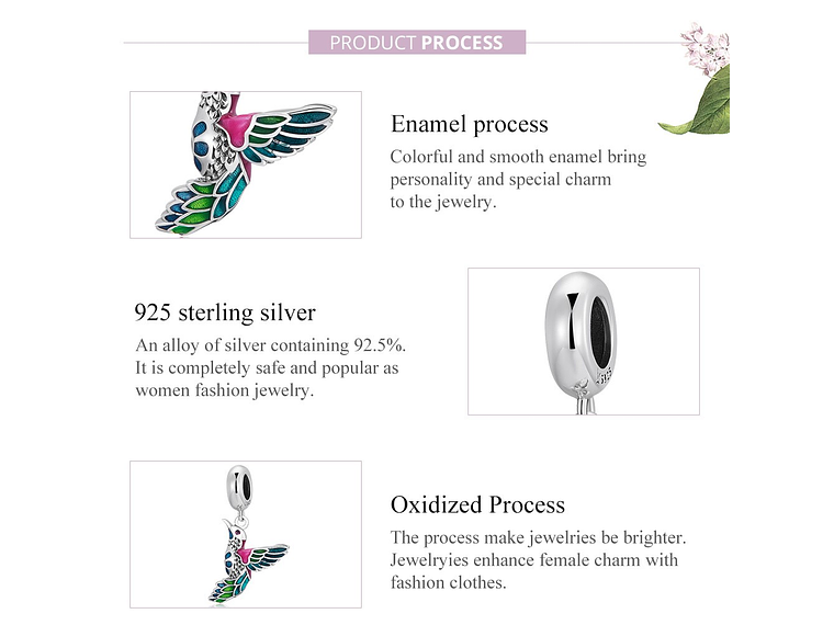 Charm Dije Plata 925 Colibri Ave Multicolor Pajaro 6