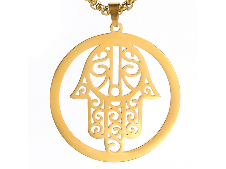 Colgante Collar Mano de Fatima Hamsa Acero Dorado 4