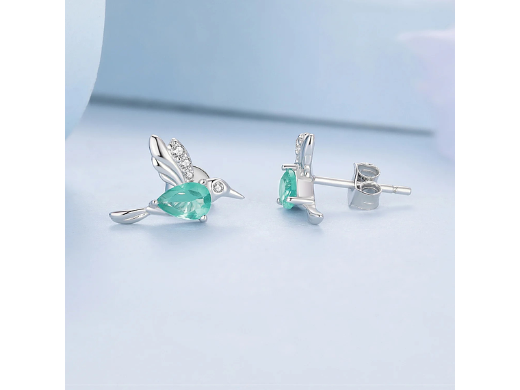 Aros Plata 925 Colibri Pajaro Verde Hummingbird 2