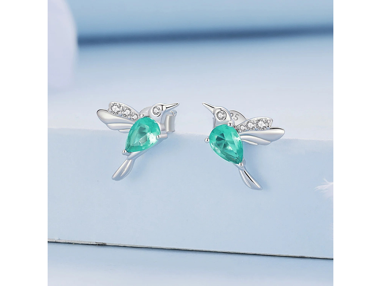 Aros Plata 925 Colibri Pajaro Verde Hummingbird 5