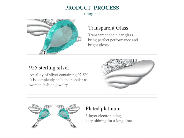 Aros Plata 925 Colibri Pajaro Verde Hummingbird 6