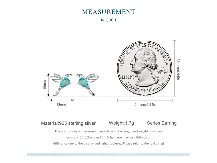 Aros Plata 925 Colibri Pajaro Verde Hummingbird 8