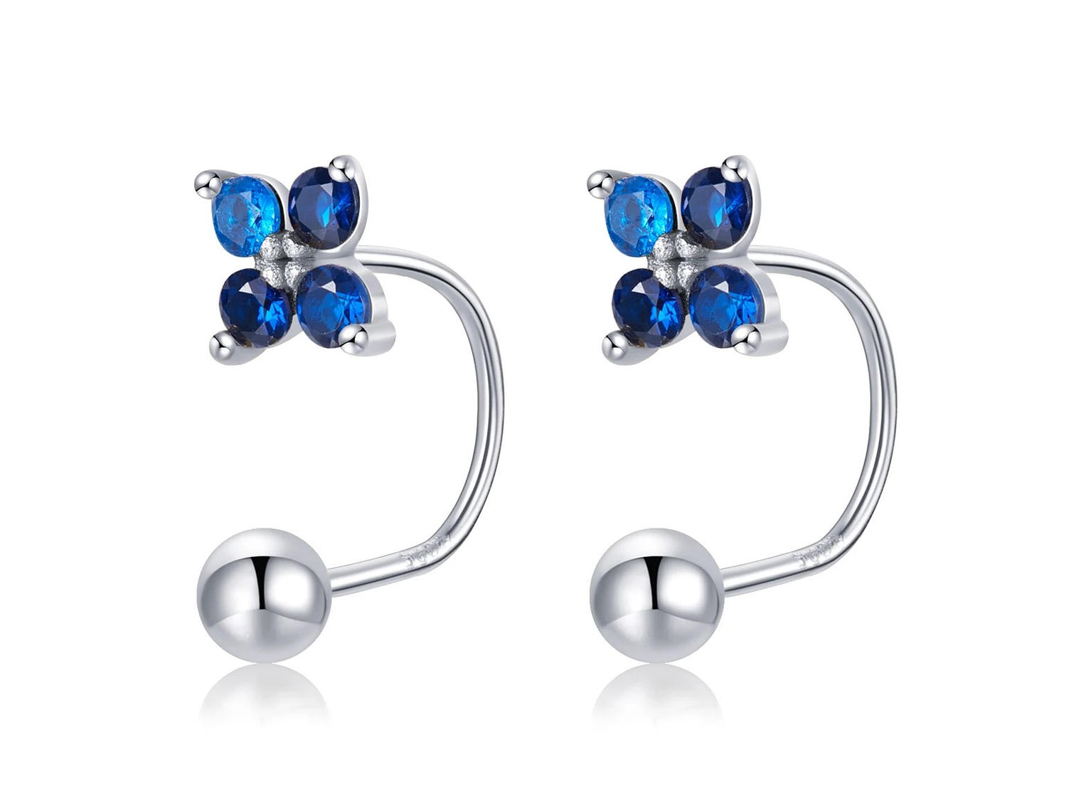 Aros Plata 925 Pasador Flor Azul Bolita 1