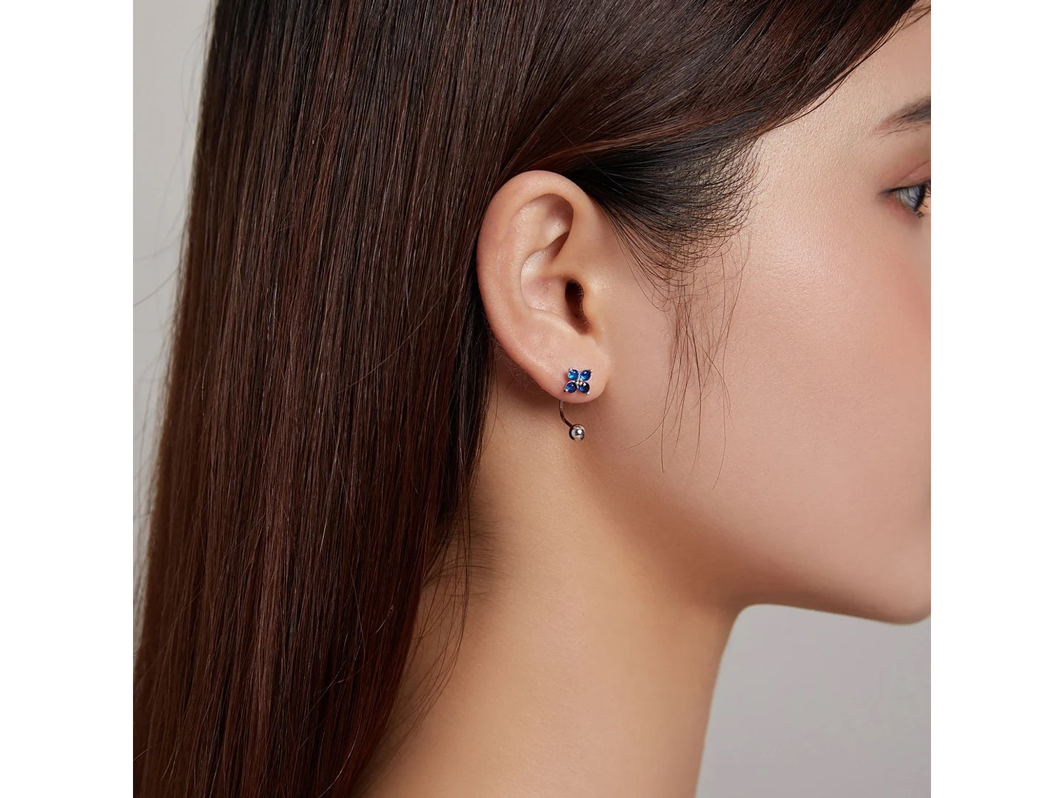 Aros Plata 925 Pasador Flor Azul Bolita 2