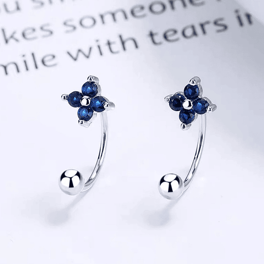 Aros Plata 925 Pasador Flor Azul Bolita