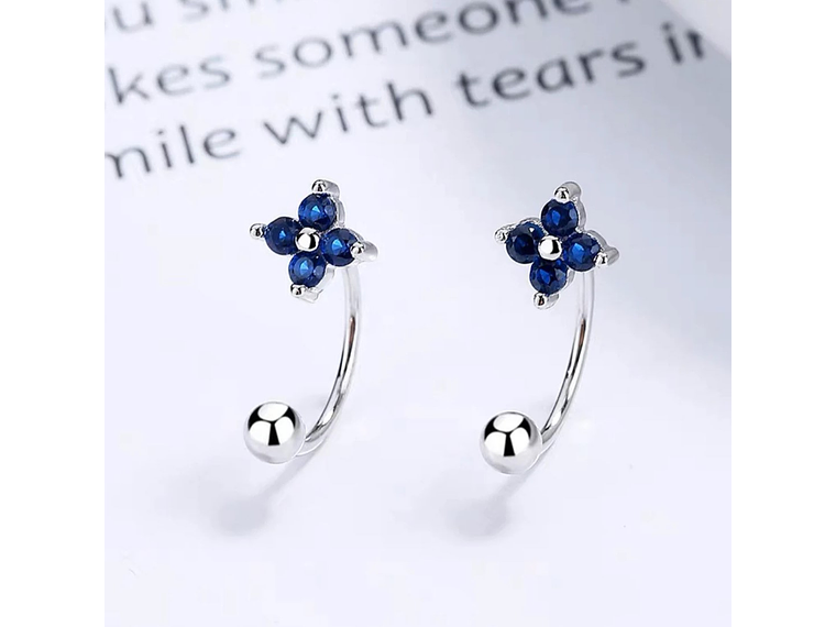 Aros Plata 925 Pasador Flor Azul Bolita 3