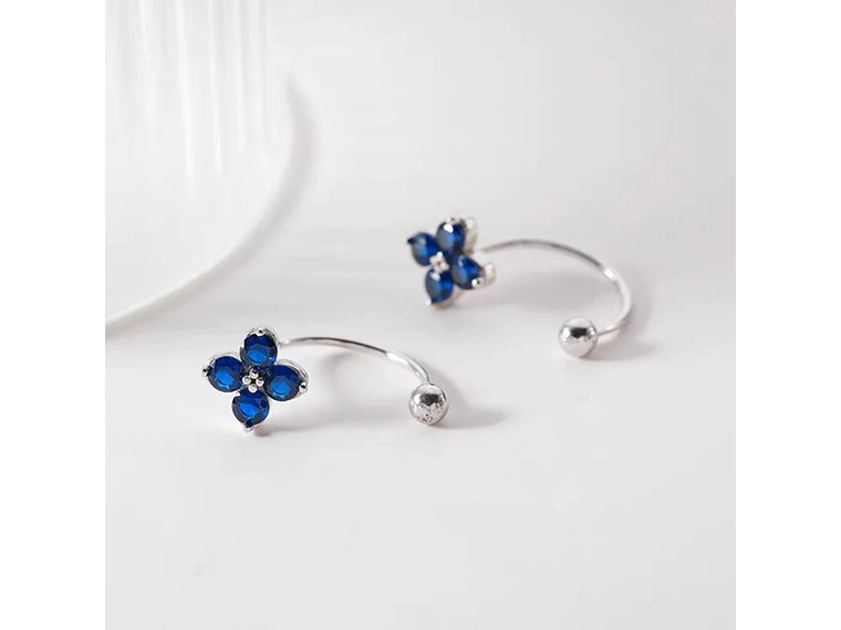 Aros Plata 925 Pasador Flor Azul Bolita 4