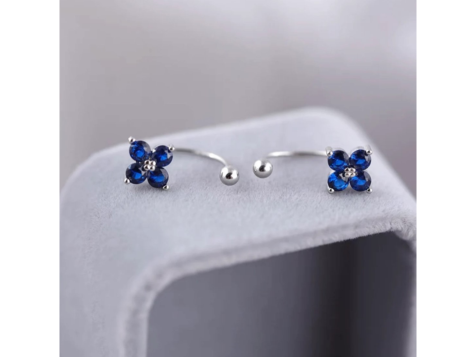 Aros Plata 925 Pasador Flor Azul Bolita 5