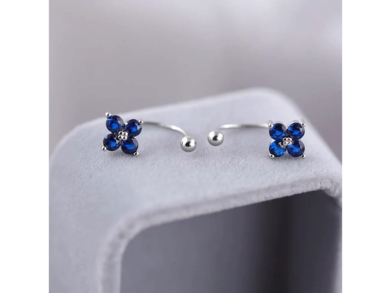 Aros Plata 925 Pasador Flor Azul Bolita 5
