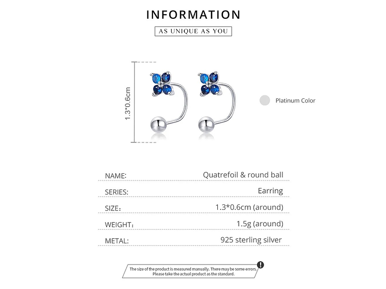 Aros Plata 925 Pasador Flor Azul Bolita 7