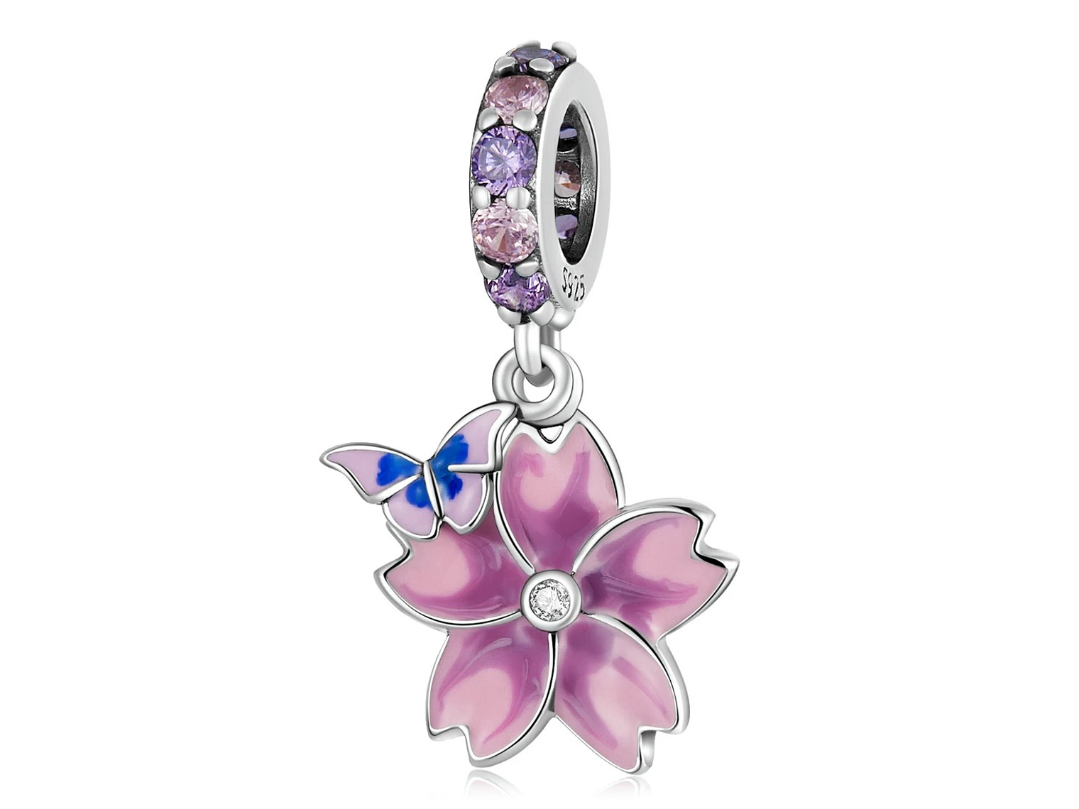 Charm Dije Plata Flor Purpura con Mariposa 1