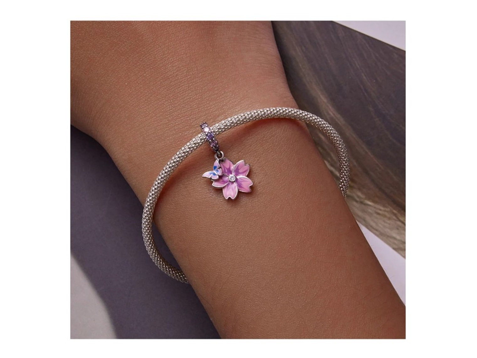 Charm Dije Plata Flor Purpura con Mariposa 4