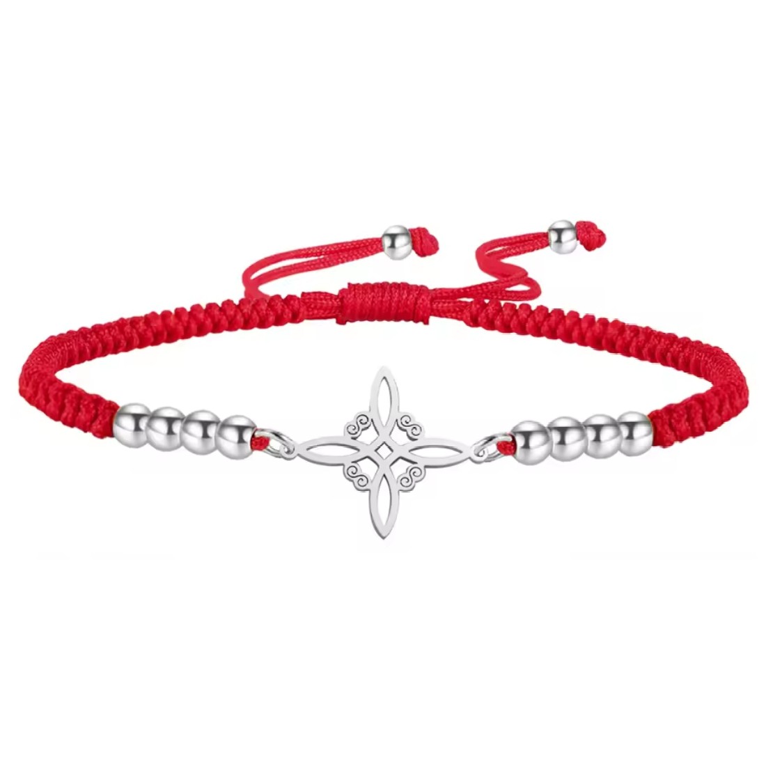 Pulsera Nudo de Bruja Celta Plateada Acero y Cuerda Roja