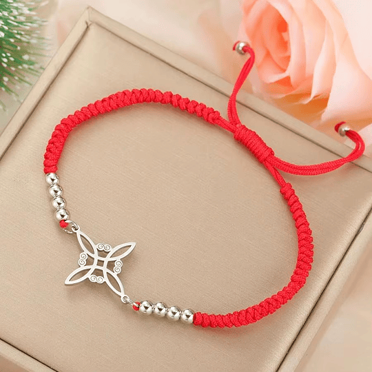 Pulsera Nudo de Bruja Celta Plateada Acero y Cuerda Roja