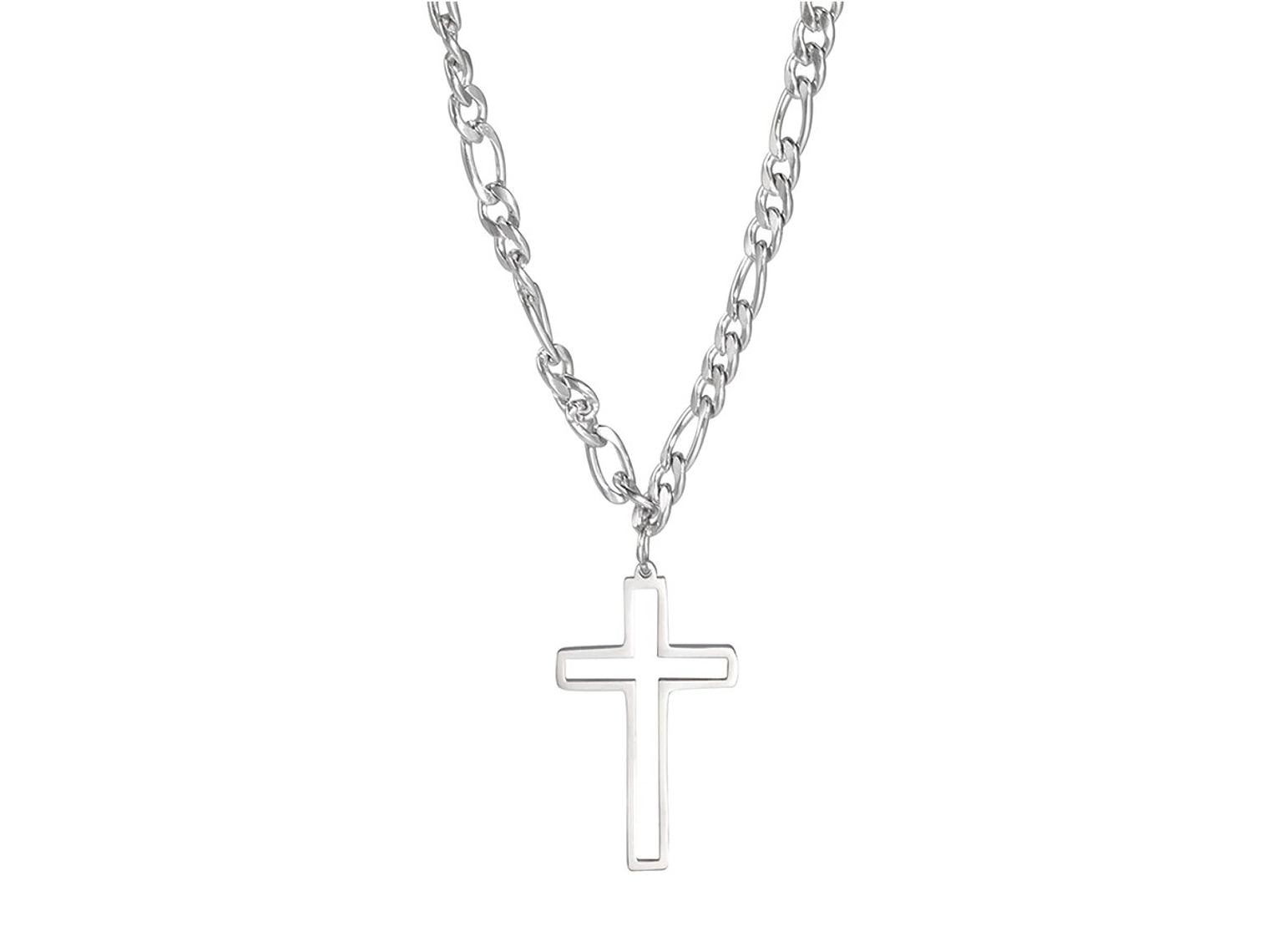 Colgante Collar Cruz Biselada Fígaro Acero Plateado 1