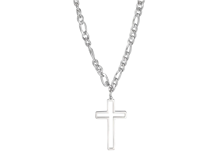 Colgante Collar Cruz Biselada Fígaro Acero Plateado 1