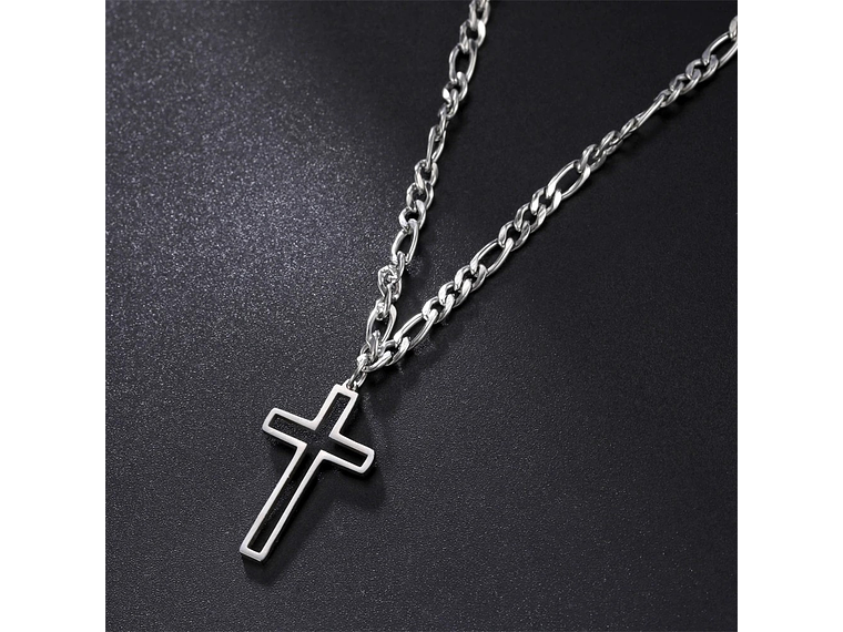 Colgante Collar Cruz Biselada Fígaro Acero Plateado 3
