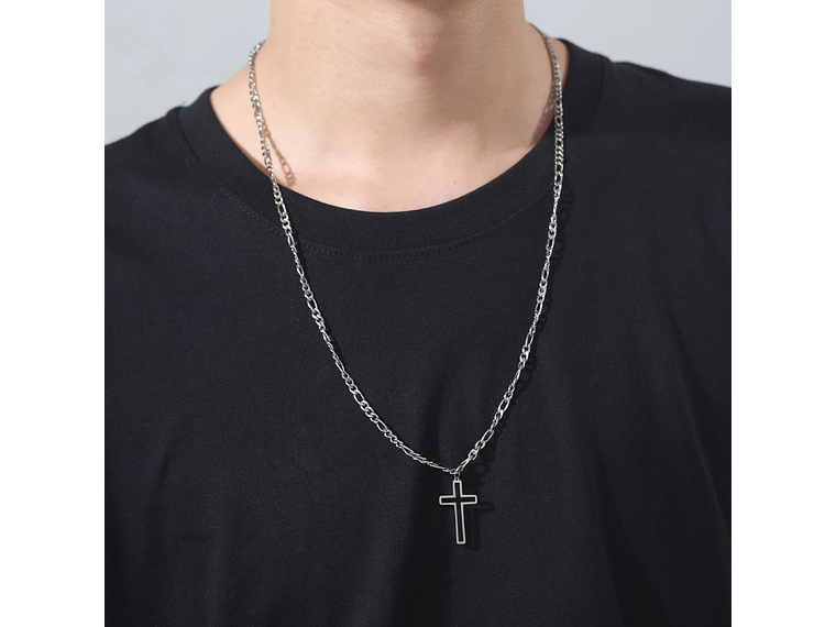 Colgante Collar Cruz Biselada Fígaro Acero Plateado 4