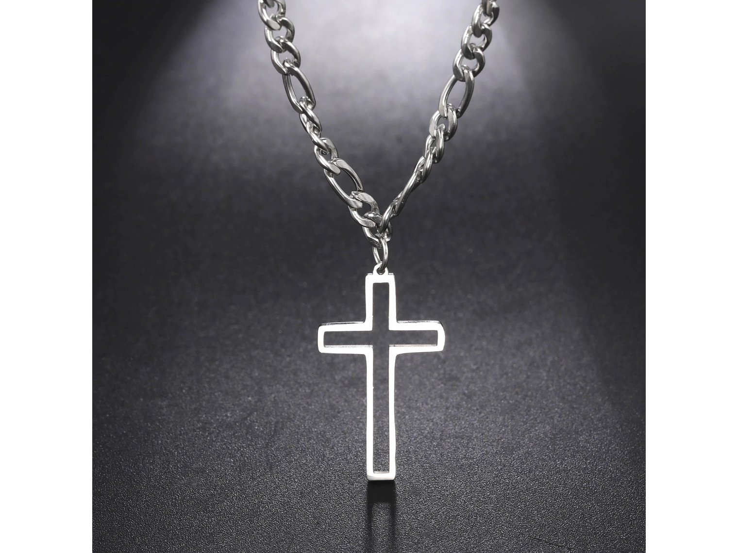 Colgante Collar Cruz Biselada Fígaro Acero Plateado 5