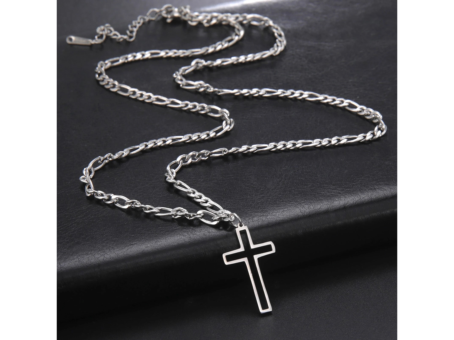 Colgante Collar Cruz Biselada Fígaro Acero Plateado 6