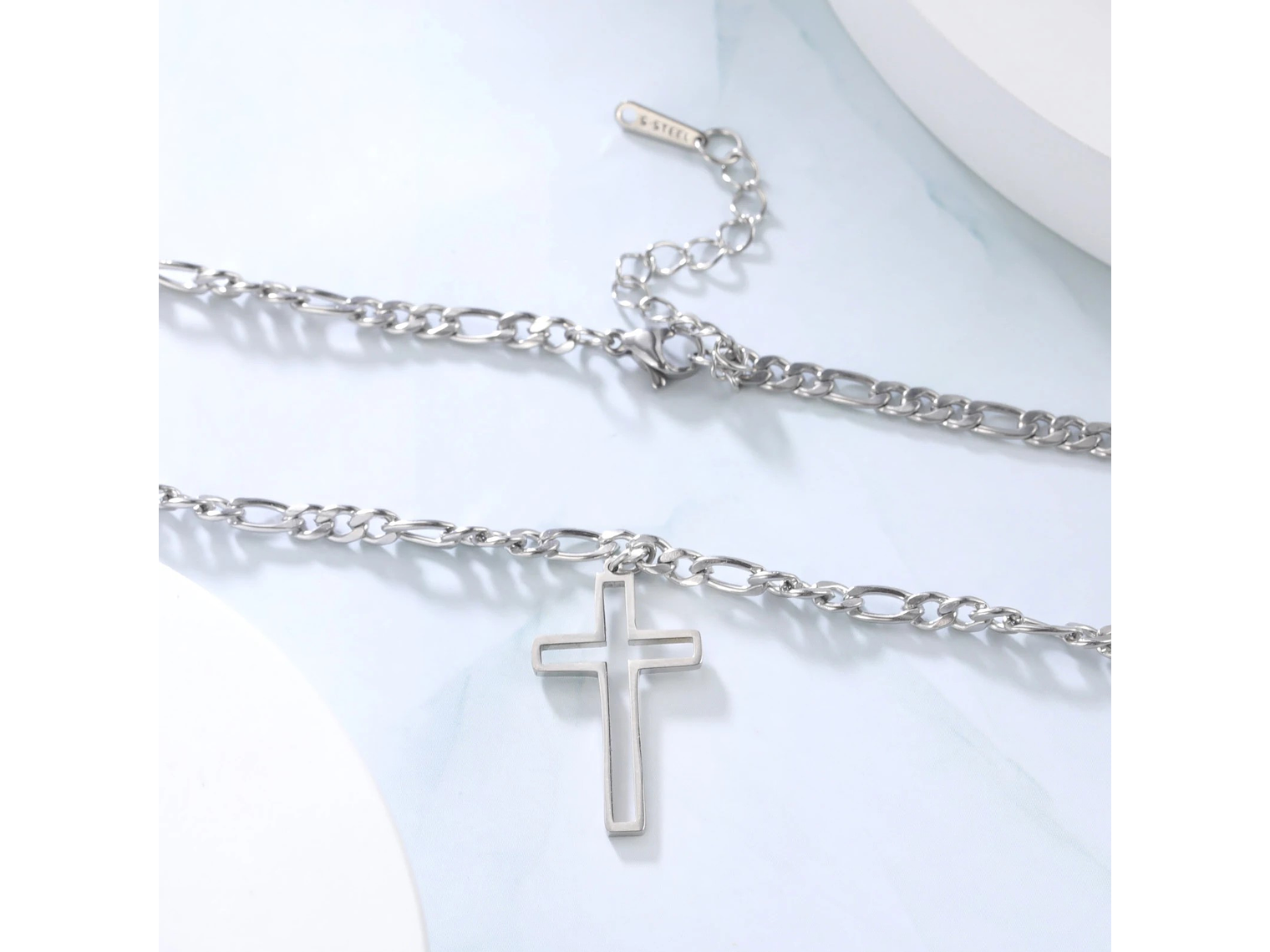 Colgante Collar Cruz Biselada Fígaro Acero Plateado 7