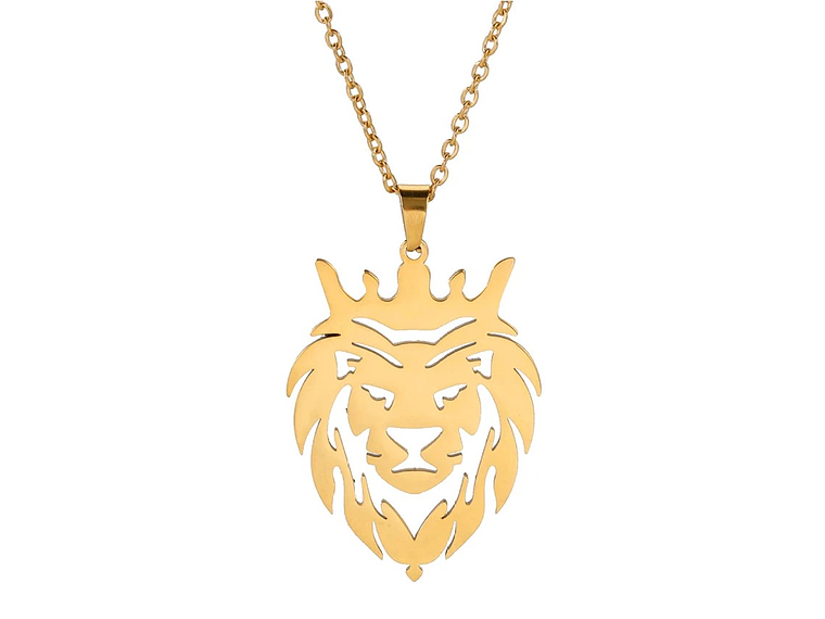 Collar Cabeza Leon Corona King Acero Dorado 1