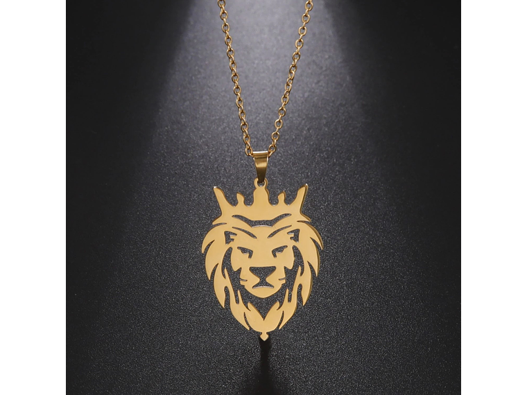 Collar Cabeza Leon Corona King Acero Dorado 6