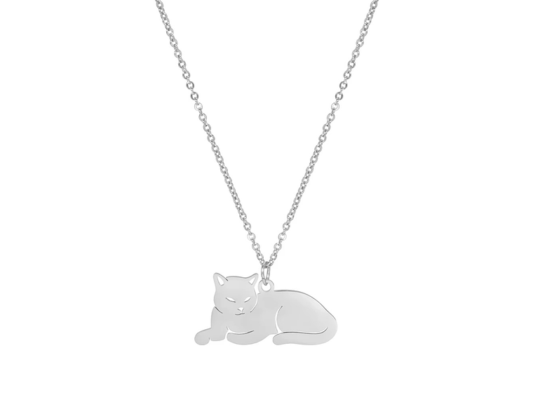 Collar Gato Acostado Gatito Acero Plateado 1