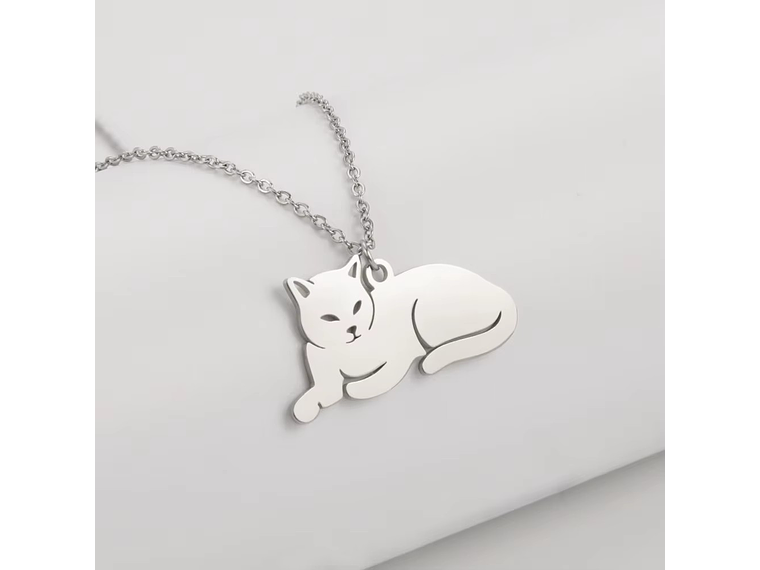 Collar Gato Acostado Gatito Acero Plateado 2