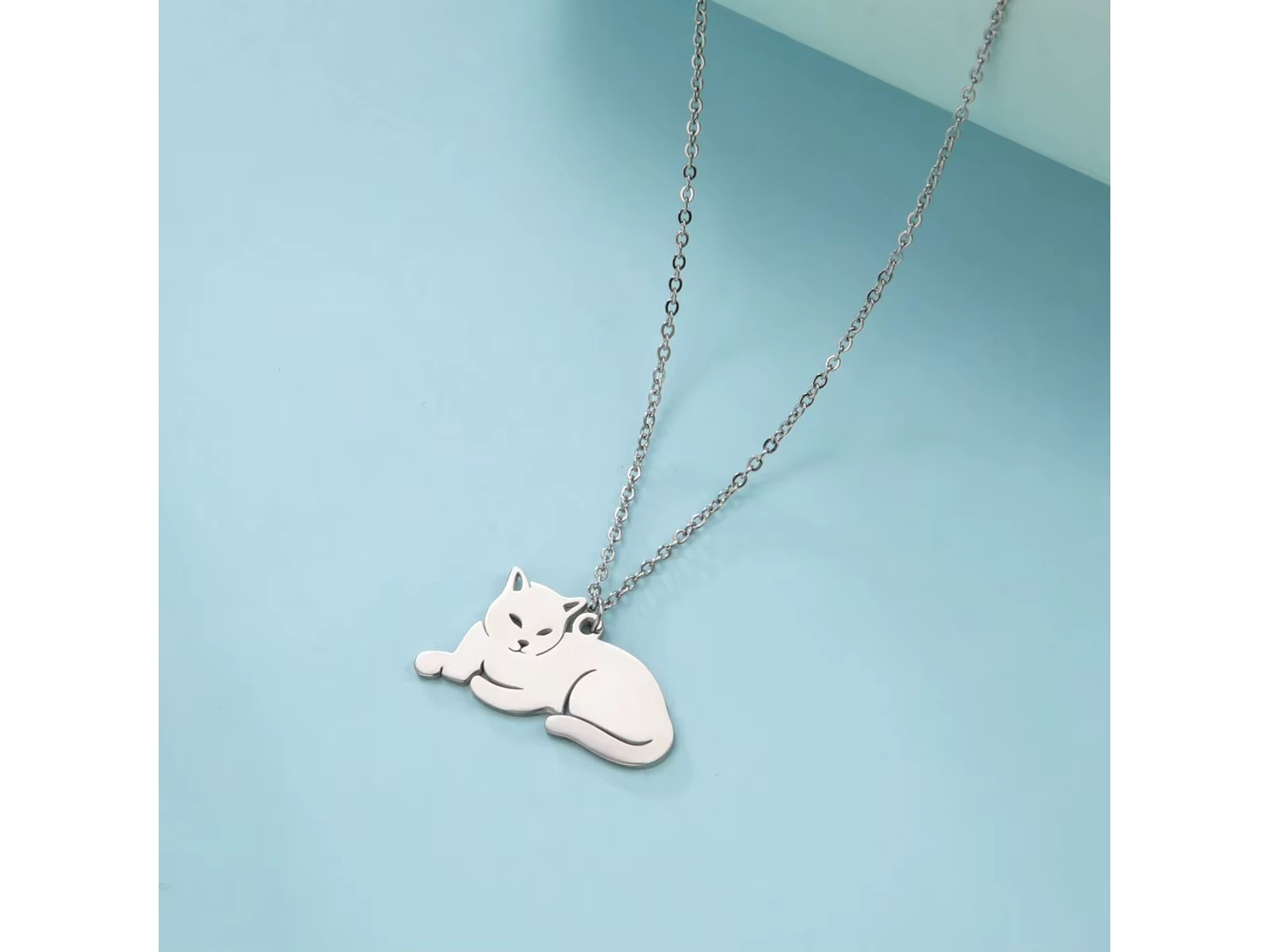 Collar Gato Acostado Gatito Acero Plateado 3