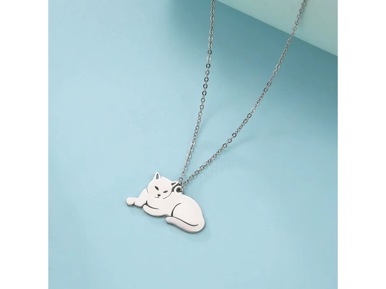 Collar Gato Acostado Gatito Acero Plateado 3